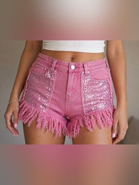 POL Pink Sequin Fringe Denim Shorts